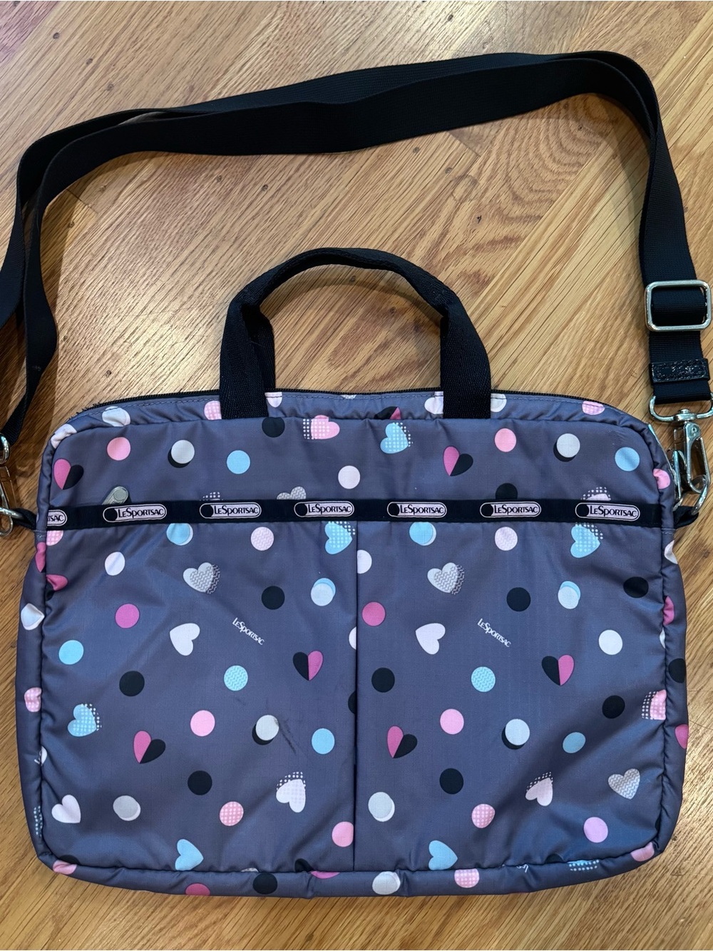 LeSportsac Polka Dots & Hearts Laptop Messenger Bag, New Condition